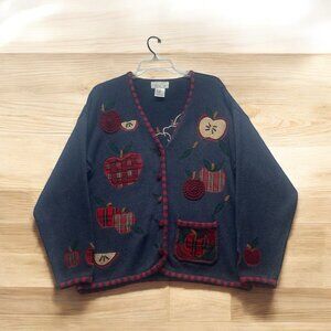 Vtg Apple Cardigan Sweater Size L Grannycore Folk Art Knit Teacher Mandal Bay